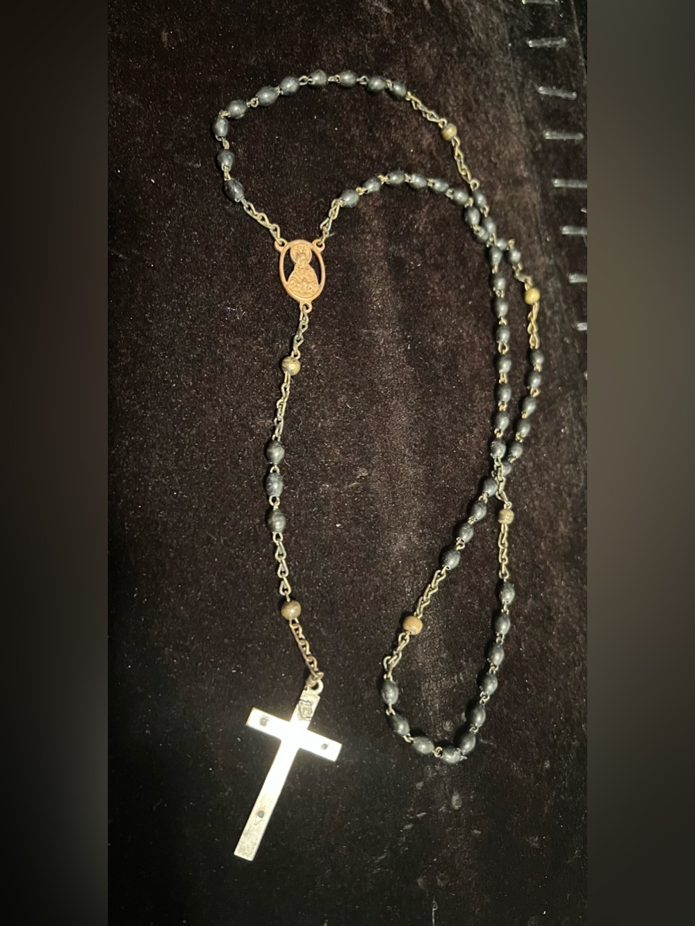Vintage Gold-Tone Rosary Necklace with Black Beads